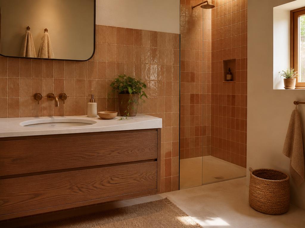 Salle de bain chaleureuse avec carrelage terracotta, meuble en bois de noyer et lumière naturelle